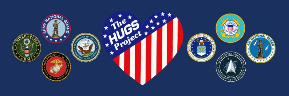The HUGS Project logo in a patriotic heart, flanked by the seals of the U.S. military branches